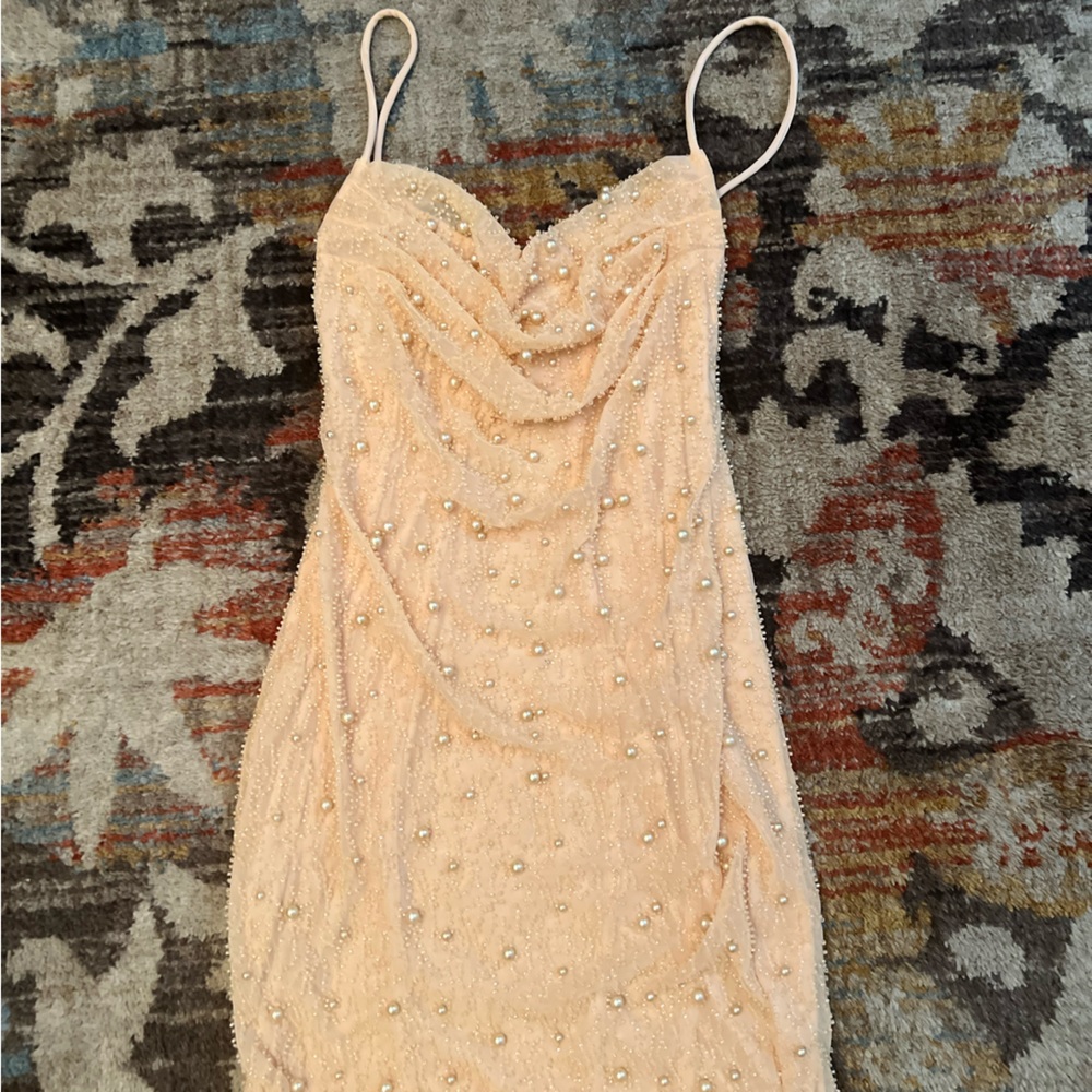 Ohpolly Embellished Cowl Neck Mini Dress in Blush!